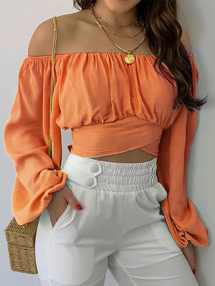 Off Shoulder Lantern Cropped