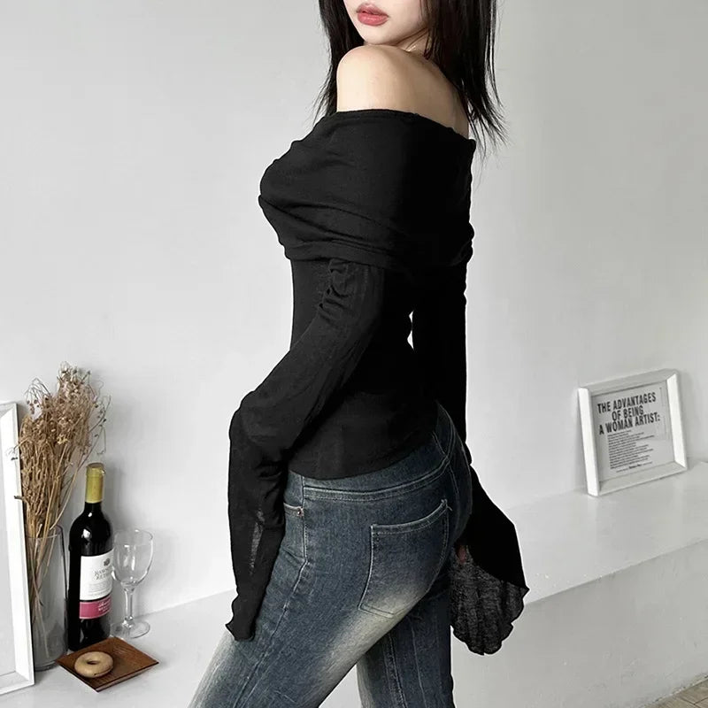 Aesthetic Slash Neck Long Sleeve