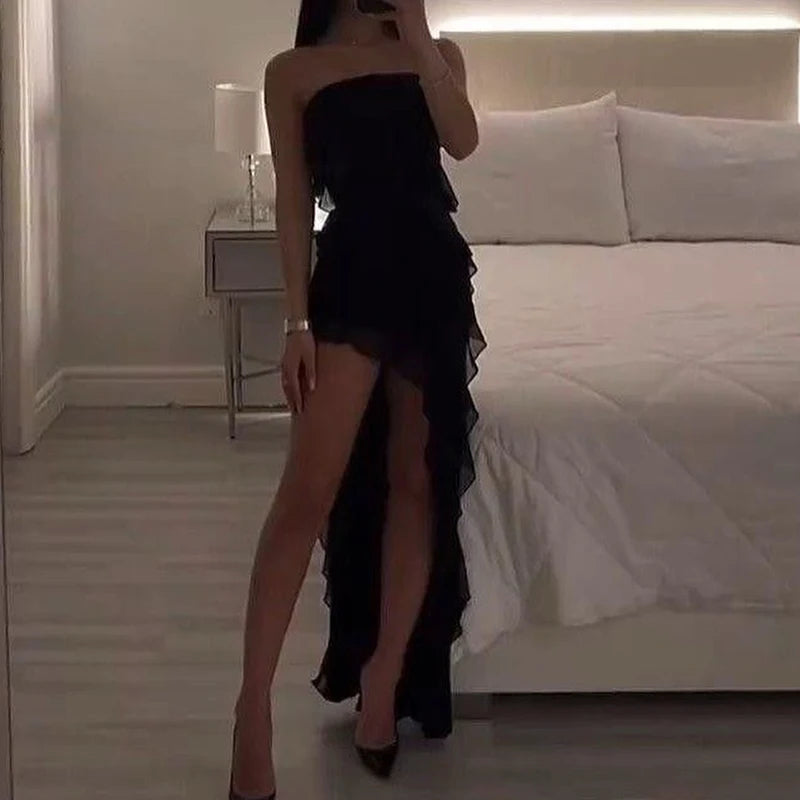 Strapless Floral Fold Hemline High Slit Mini Backless Sleeveless