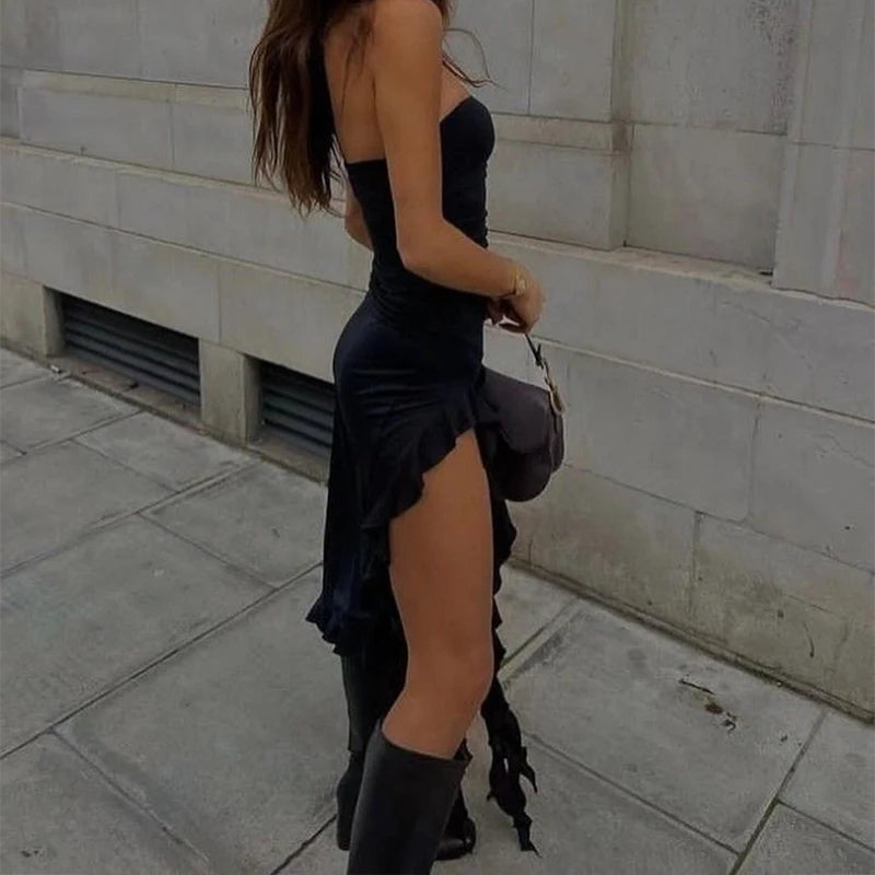 Strapless Floral Fold Hemline High Slit Mini Backless Sleeveless