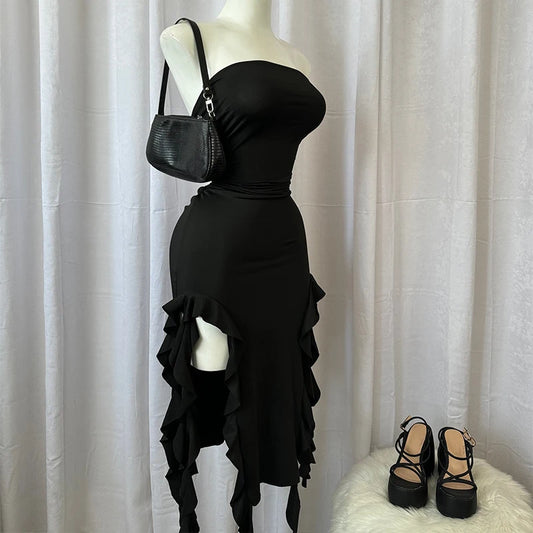 Strapless Floral Fold Hemline High Slit Mini Backless Sleeveless