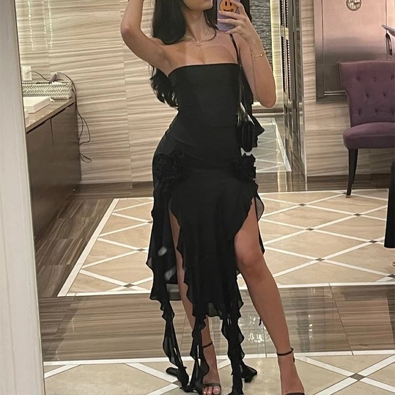 Strapless Floral Fold Hemline High Slit Mini Backless Sleeveless