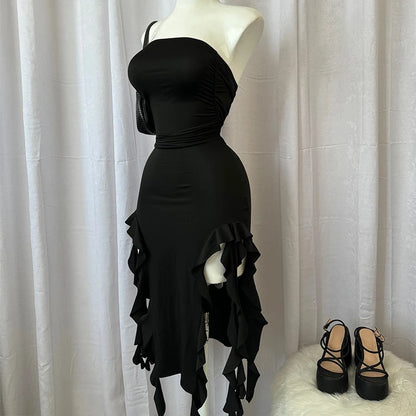 Strapless Floral Fold Hemline High Slit Mini Backless Sleeveless