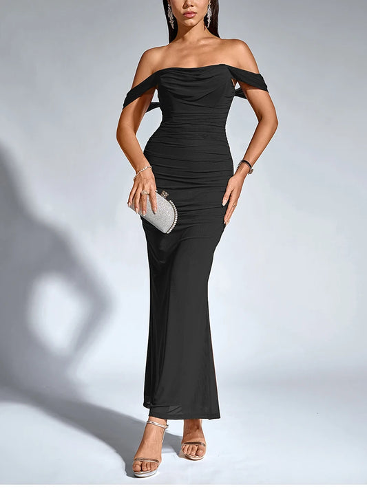 Off Shoulder Ruched Mesh Long Corset Backless Fishbone