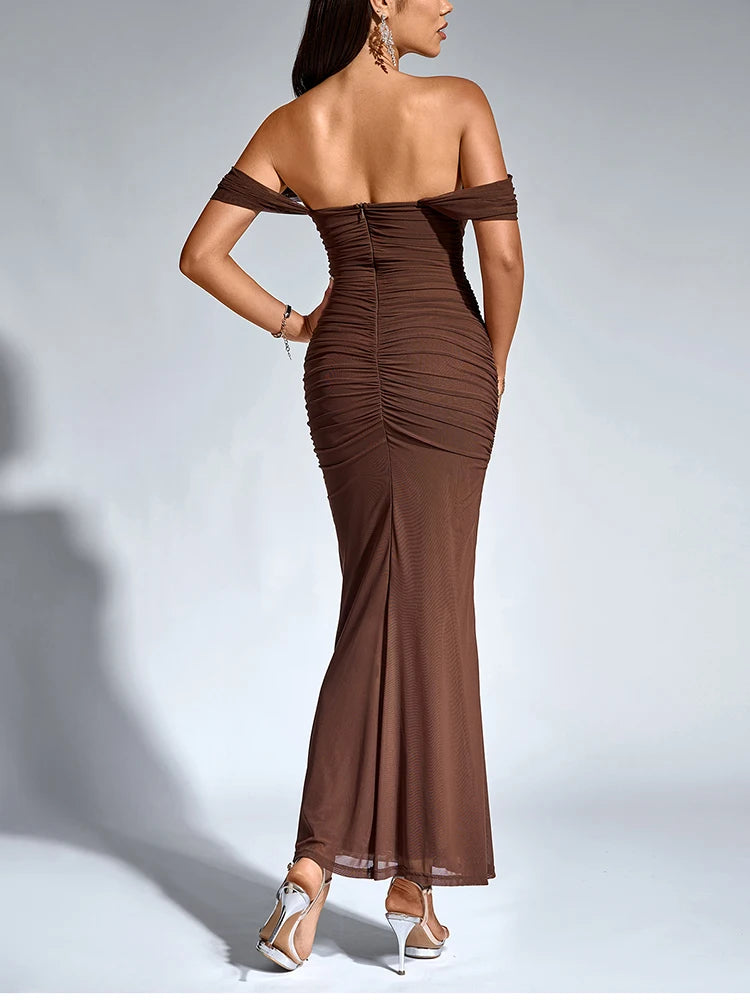 Off Shoulder Ruched Mesh Long Corset Backless Fishbone
