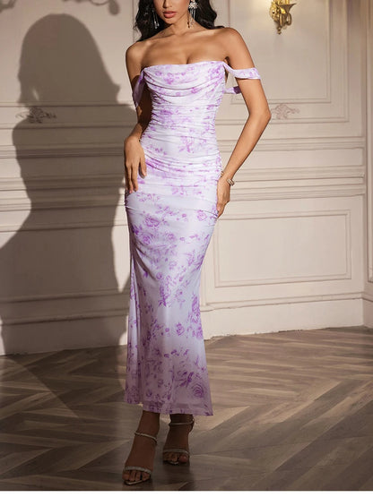 Off Shoulder Ruched Mesh Long Corset Backless Fishbone