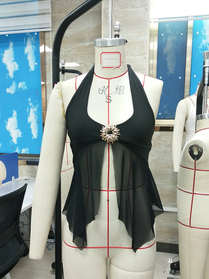 Halter Sheer Mesh Patchwork With Metal Accents