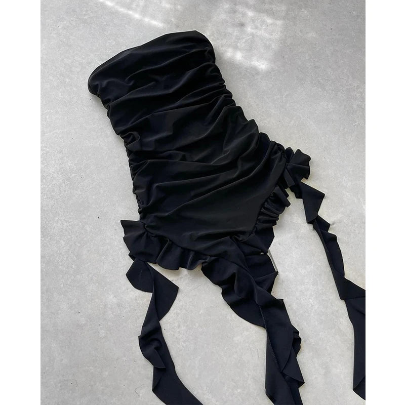 Strapless Floral Fold Hemline High Slit Mini Backless Sleeveless