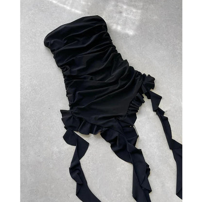 Strapless Floral Fold Hemline High Slit Mini Backless Sleeveless