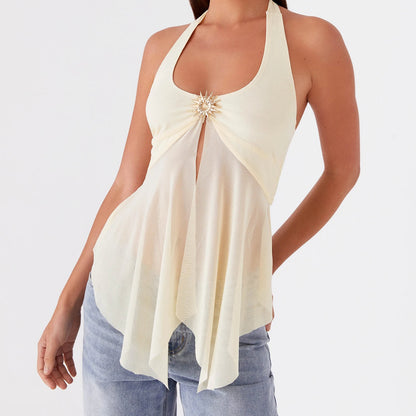 Halter Sheer Mesh Patchwork With Metal Accents