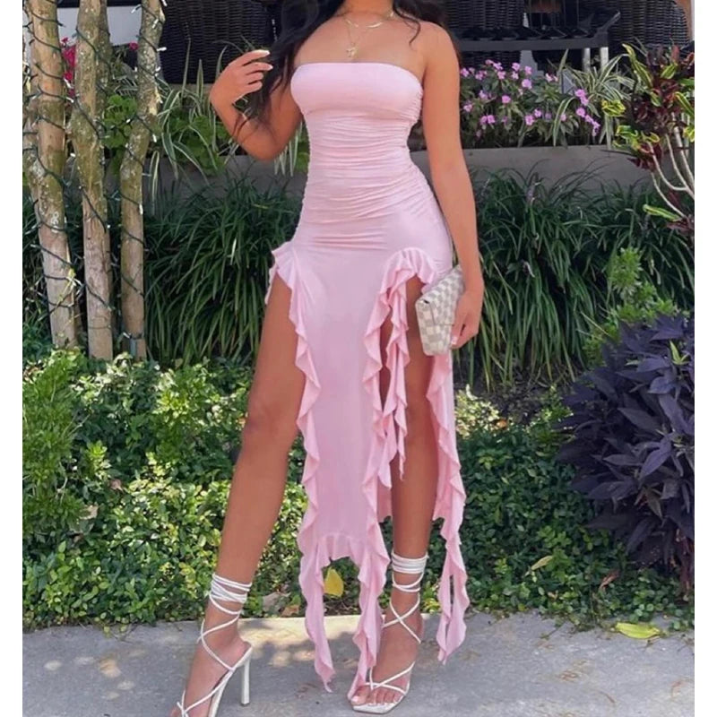 Strapless Floral Fold Hemline High Slit Mini Backless Sleeveless
